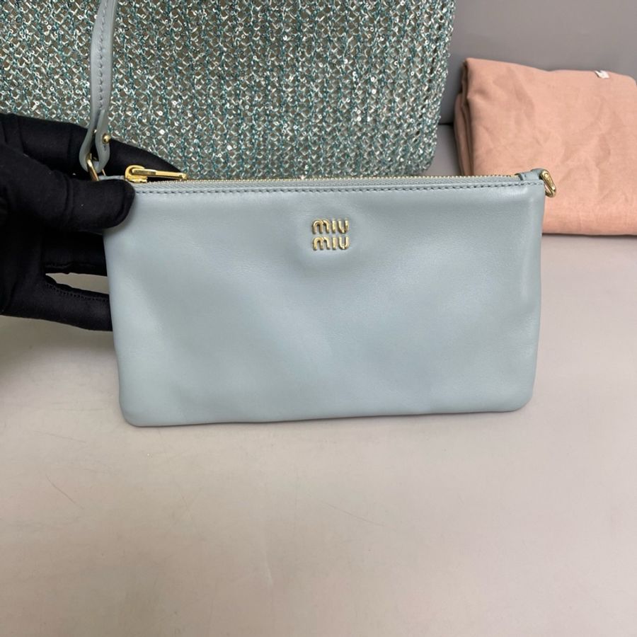 MiuMiu繆繆 冰藍色亮片編織viy子母單肩包 尺寸34×31 附件 塵袋-7