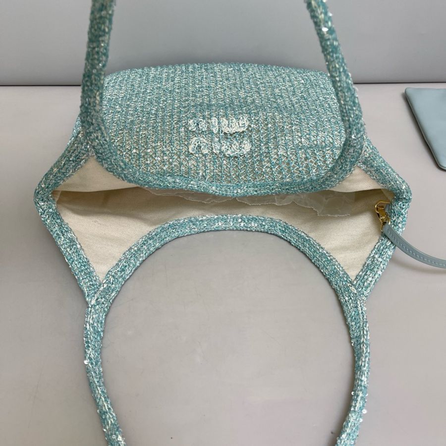 MiuMiu繆繆 冰藍色亮片編織viy子母單肩包 尺寸34×31 附件 塵袋-9