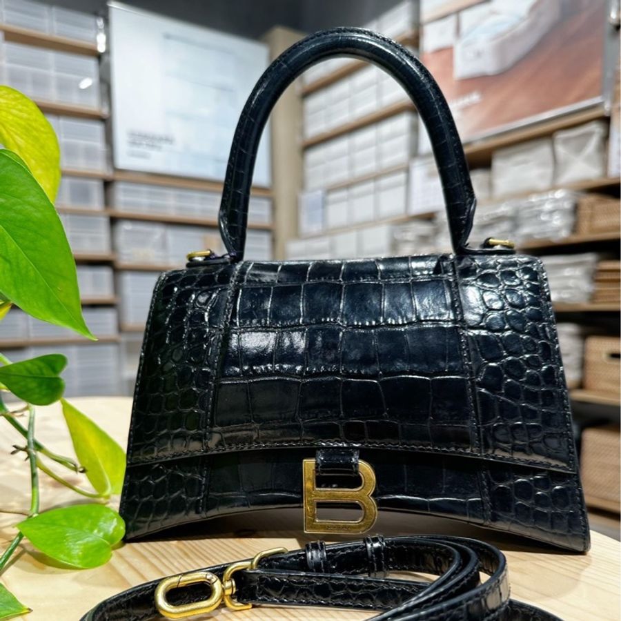 巴黎世家balenciaga鰐魚紋s沙漏包黑色金扣-0