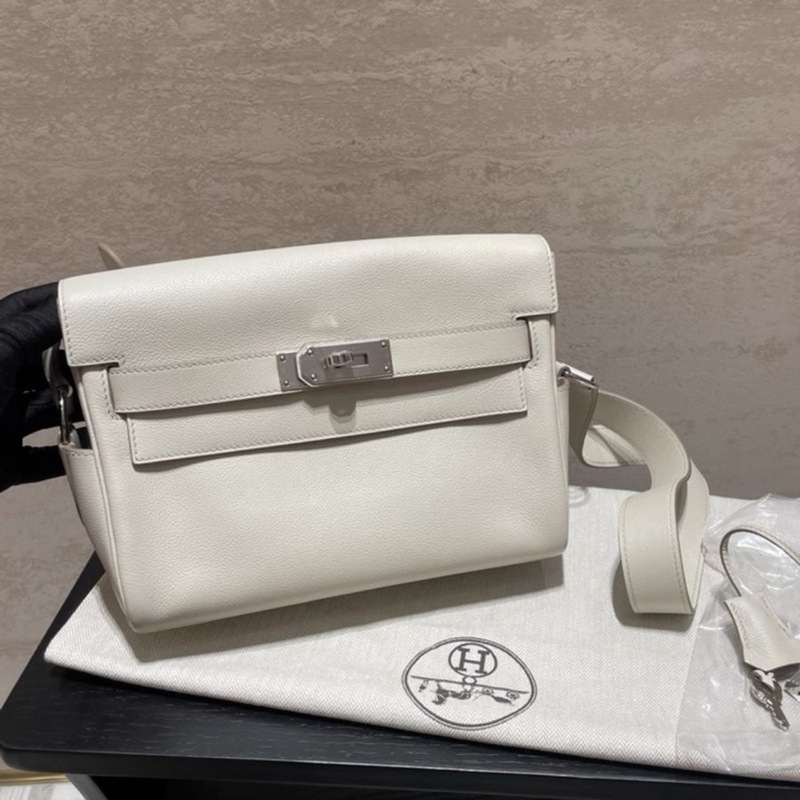 HERMES Kelly Messenger 郵差包 8L冰川白 Evercolor皮 銀扣 W刻-0