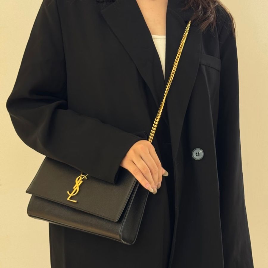 Saint Laurent YSL 黑色 粒面牛皮 Kate 中型 鍊條包 肩背包 斜背包 金釦 364021-2