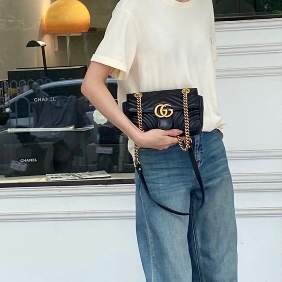 Gucci 古馳馬夢 黑色 牛皮 GG Marmont 22 肩背包 鍊帶包 下蓋包 金釦 446744-7