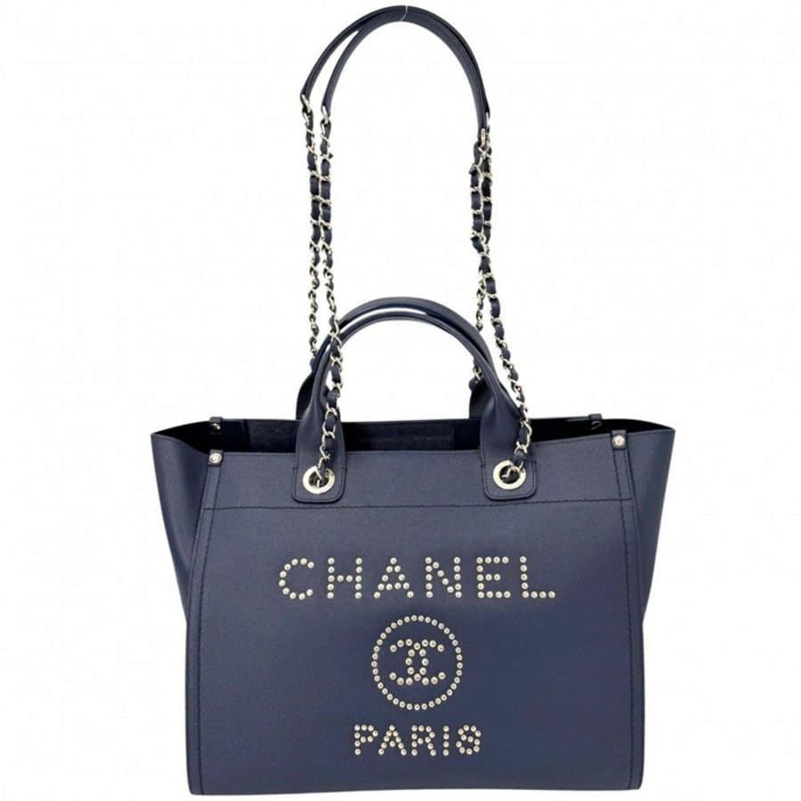 香奈兒 Deauville MM 女士手提包,鏈條單肩包,鉚釘裝飾,品牌標誌,Coco Mark 標誌,CHANEL 魚子醬皮革,藍/海軍藍,金色五金配件-0