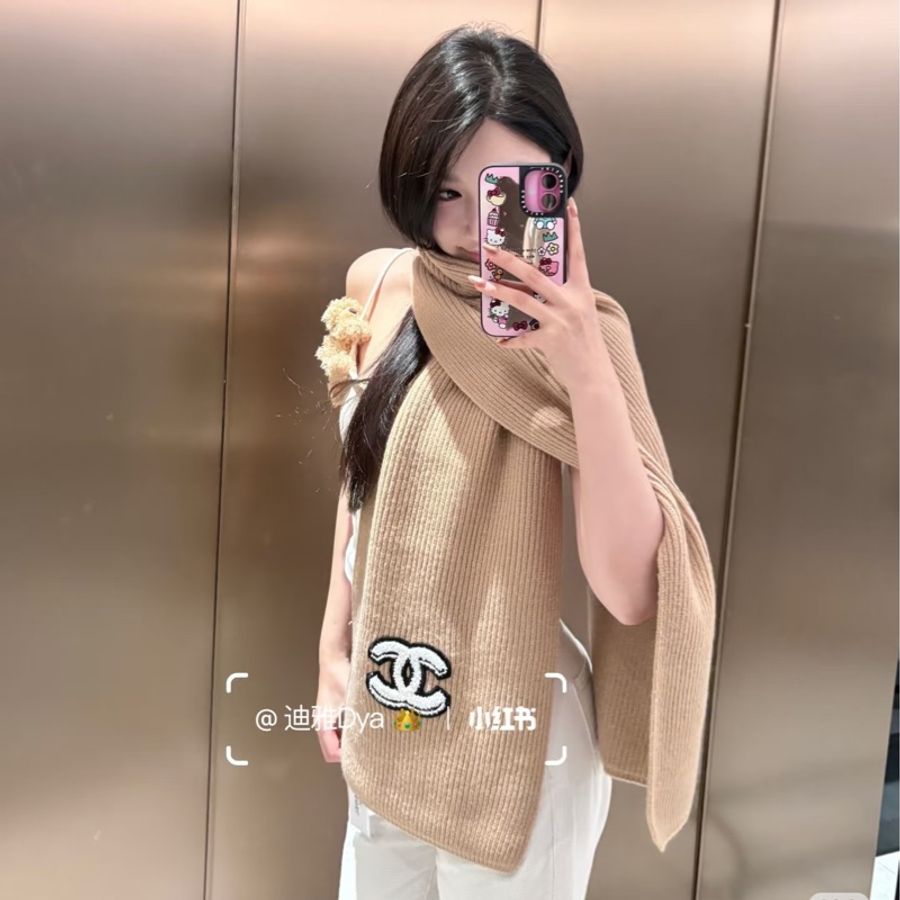 CHANEL 香奈兒 經典雙 C Logo 奶茶色 針織 羊絨 圍巾 披肩 披巾-6