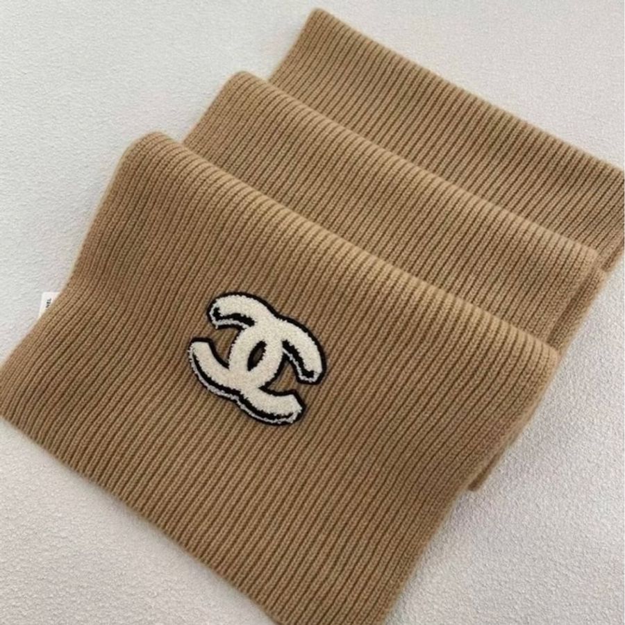 CHANEL 香奈兒 經典雙 C Logo 奶茶色 針織 羊絨 圍巾 披肩 披巾-10