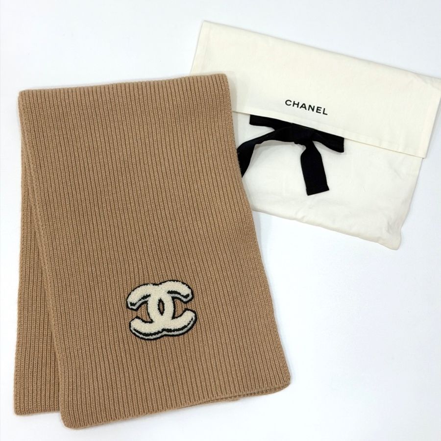 CHANEL 香奈兒 經典雙 C Logo 奶茶色 針織 羊絨 圍巾 披肩 披巾-11
