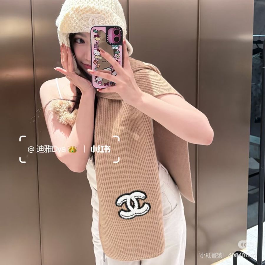 CHANEL 香奈兒 經典雙 C Logo 奶茶色 針織 羊絨 圍巾 披肩 披巾-18