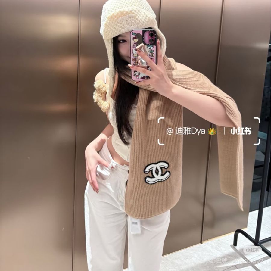 CHANEL 香奈兒 經典雙 C Logo 奶茶色 針織 羊絨 圍巾 披肩 披巾-21
