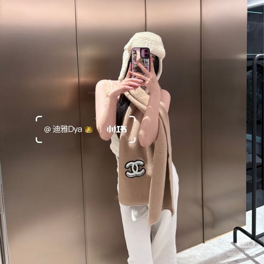 CHANEL 香奈兒 經典雙 C Logo 奶茶色 針織 羊絨 圍巾 披肩 披巾-22
