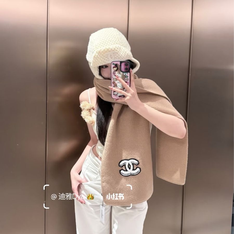CHANEL 香奈兒 經典雙 C Logo 奶茶色 針織 羊絨 圍巾 披肩 披巾-23