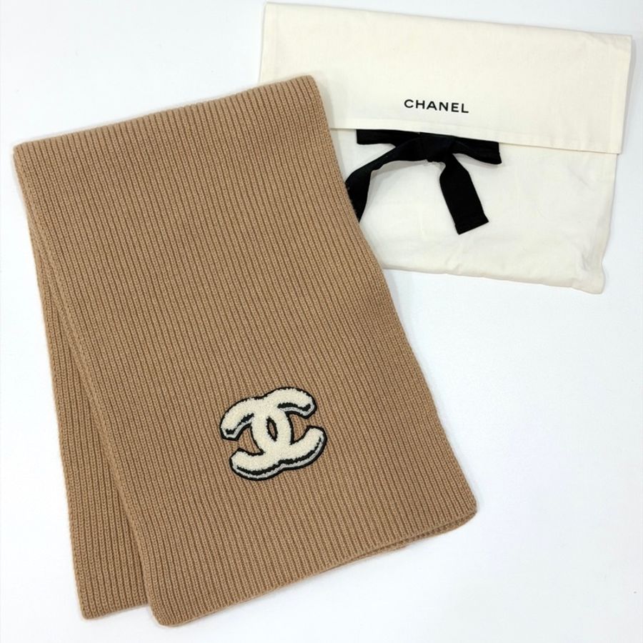 CHANEL 香奈兒 經典雙 C Logo 奶茶色 針織 羊絨 圍巾 披肩 披巾-25