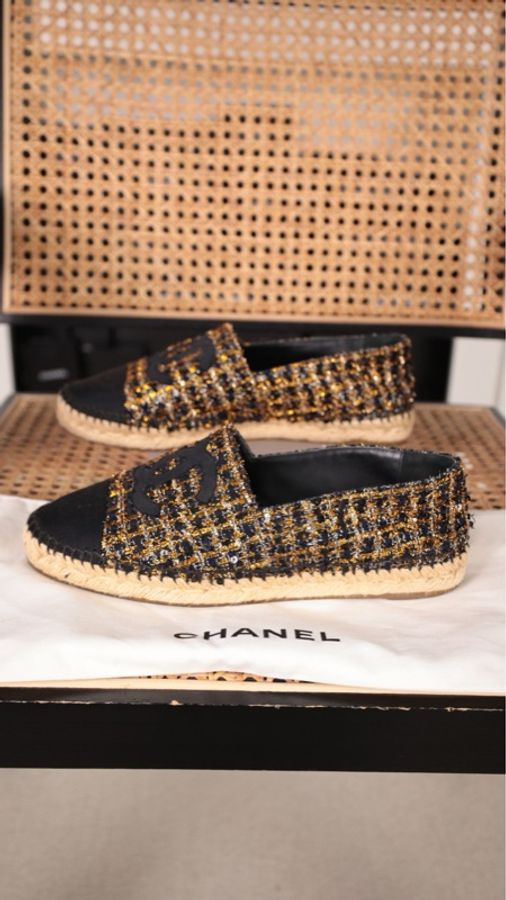 Chanel 18年黑金cc粗花呢编织渔夫鞋-4