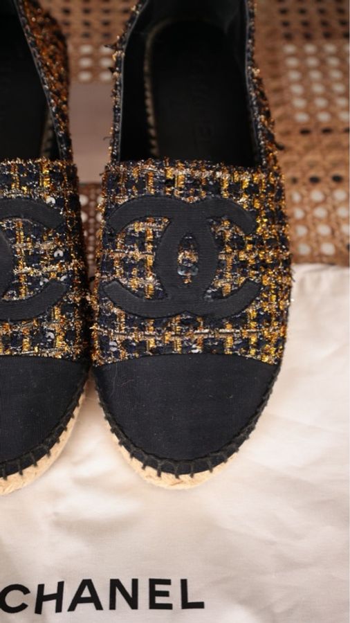Chanel 18年黑金cc粗花呢编织渔夫鞋-7