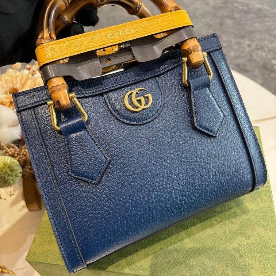 GUCCI 竹節提把mini牛皮手提/斜背托特包(藍色)-1