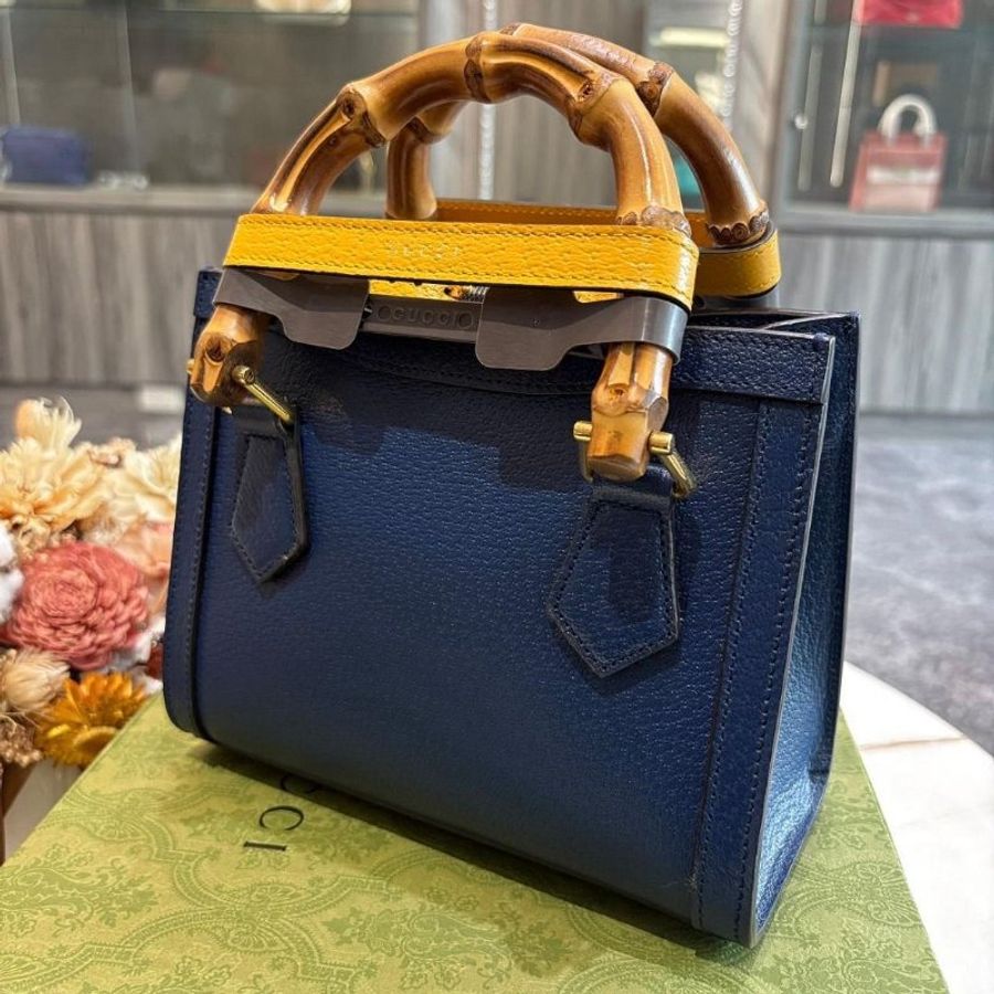 GUCCI 竹節提把mini牛皮手提/斜背托特包(藍色)-3