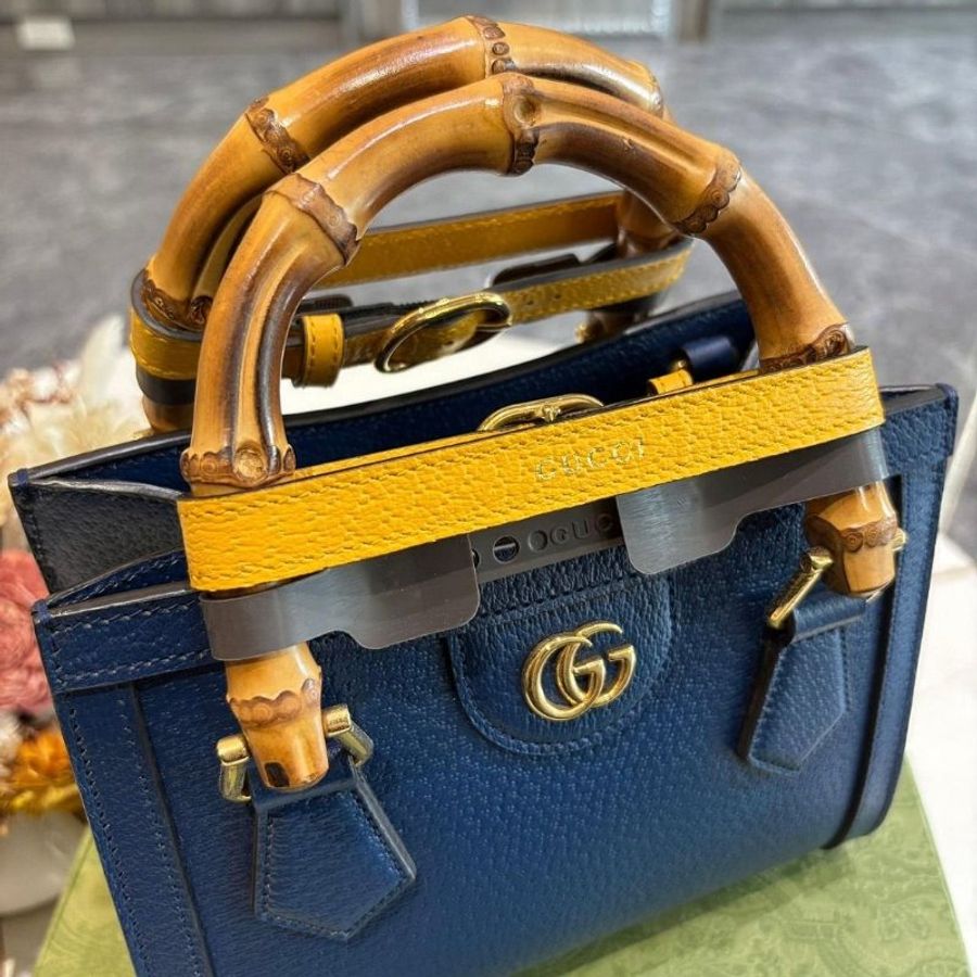 GUCCI 竹節提把mini牛皮手提/斜背托特包(藍色)-6