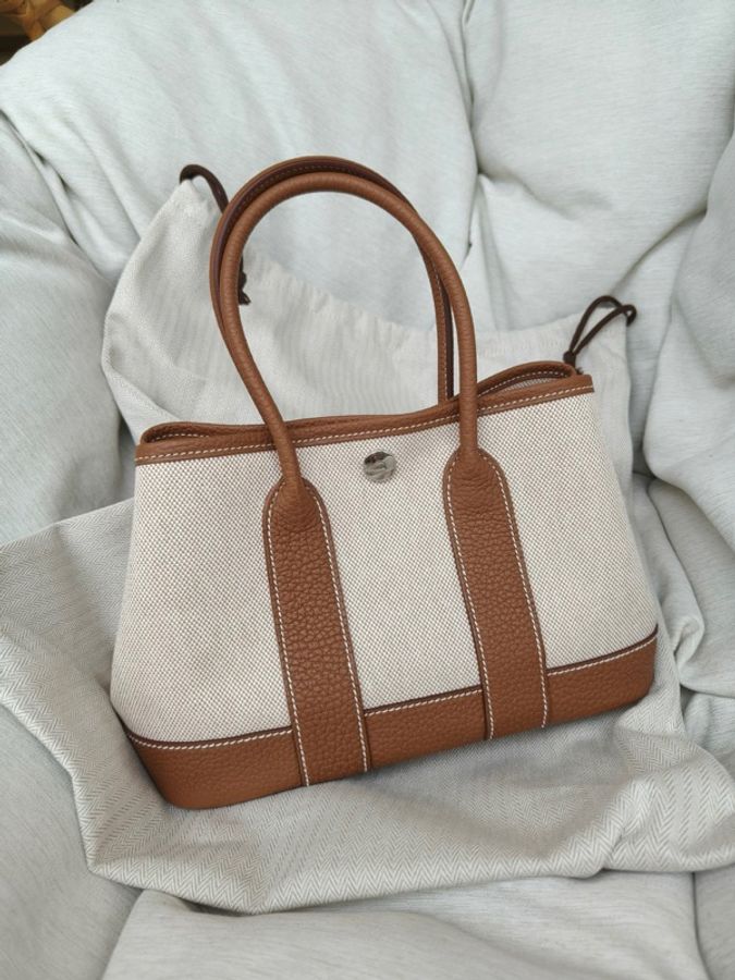 💖Hermes 迷你花園包 帆布金棕 mini garden party💖 全新全配-0