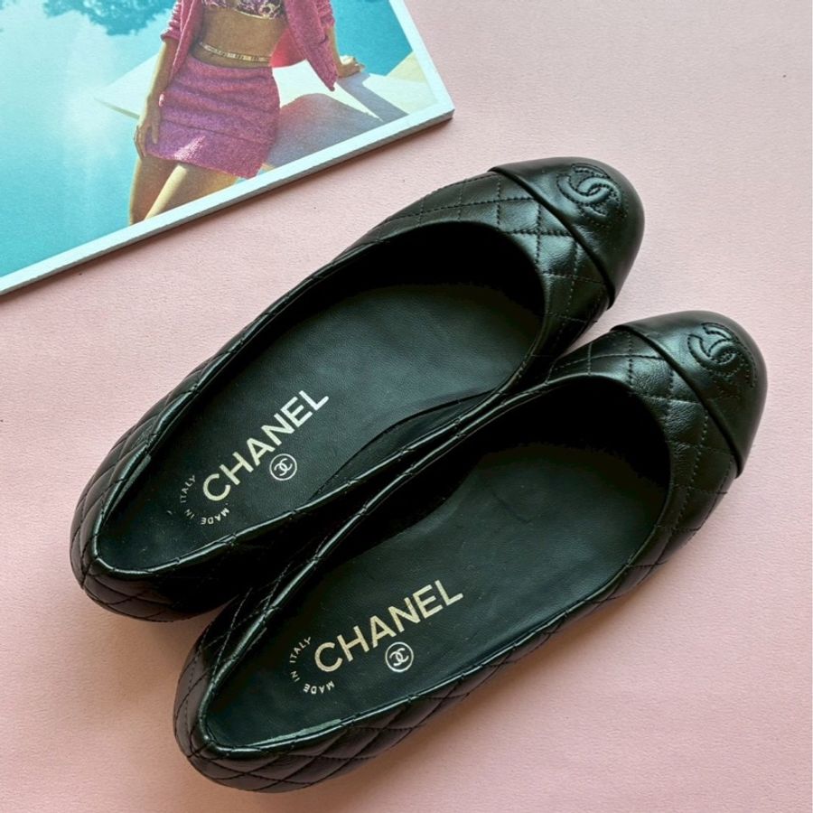 Chanel 黑色菱格紋娃娃鞋36.5-1
