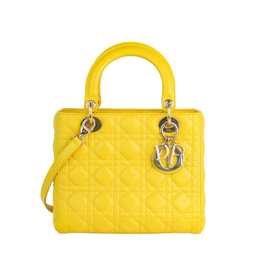 DIOR 迪奧 Lady Dior 5格 黛妃包 中型 黃色金釦 羊皮籐格紋 手提/肩背包|Medium Bag|KÉSH 凱仕精品-0
