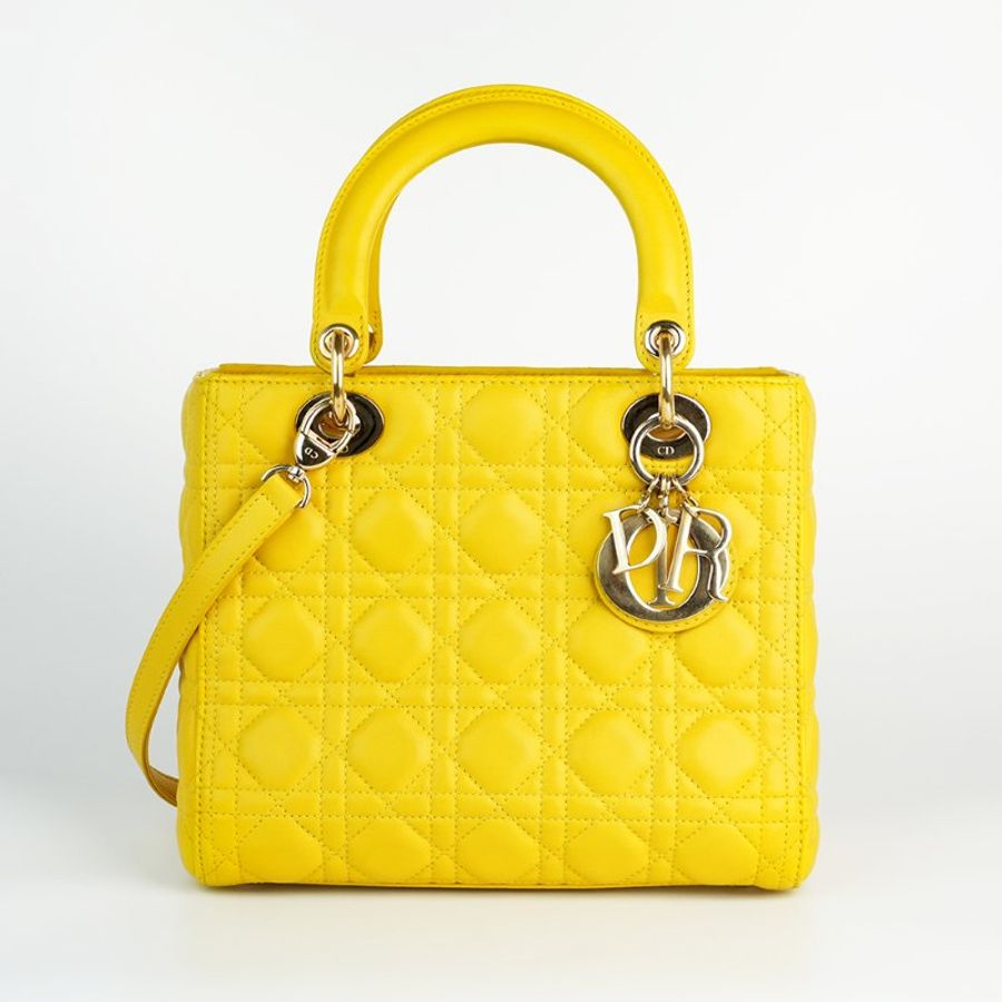 DIOR 迪奧 Lady Dior 5格 黛妃包 中型 黃色金釦 羊皮籐格紋 手提/肩背包|Medium Bag|KÉSH 凱仕精品-3