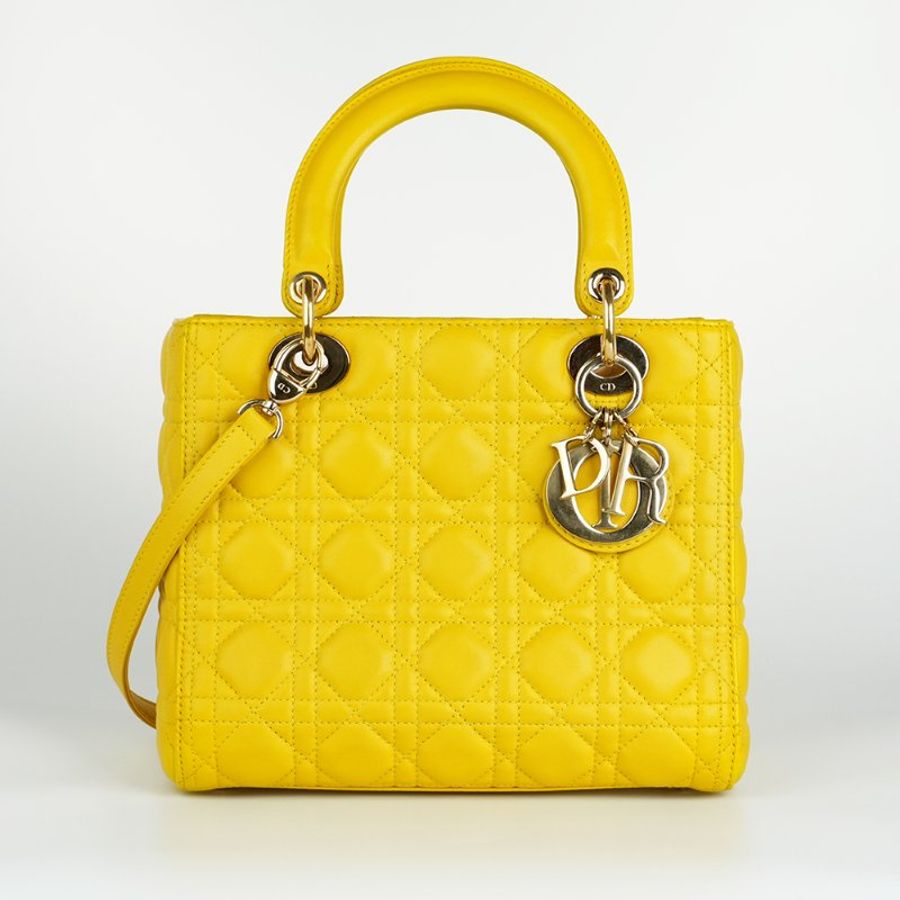 DIOR 迪奧 Lady Dior 5格 黛妃包 中型 黃色金釦 羊皮籐格紋 手提/肩背包|Medium Bag|KÉSH 凱仕精品-7