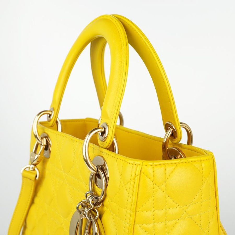DIOR 迪奧 Lady Dior 5格 黛妃包 中型 黃色金釦 羊皮籐格紋 手提/肩背包|Medium Bag|KÉSH 凱仕精品-8