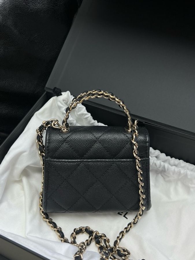 Chanel 香奈兒 kelly mini黑金 荔枝紋  皮穿鏈手提斜挎包-2
