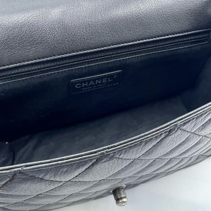 Chanel黑銀牛皮孟買單肩包香奈兒翻蓋包,底長27cm-6