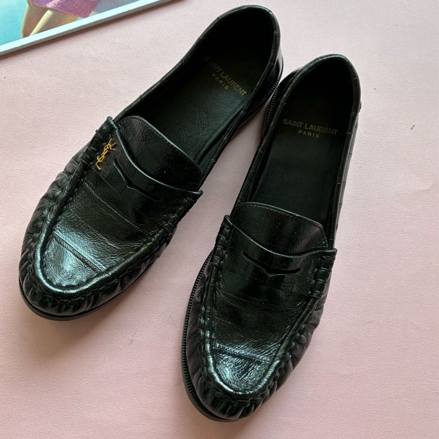 YSL黑色金小logo樂福鞋37✨-0