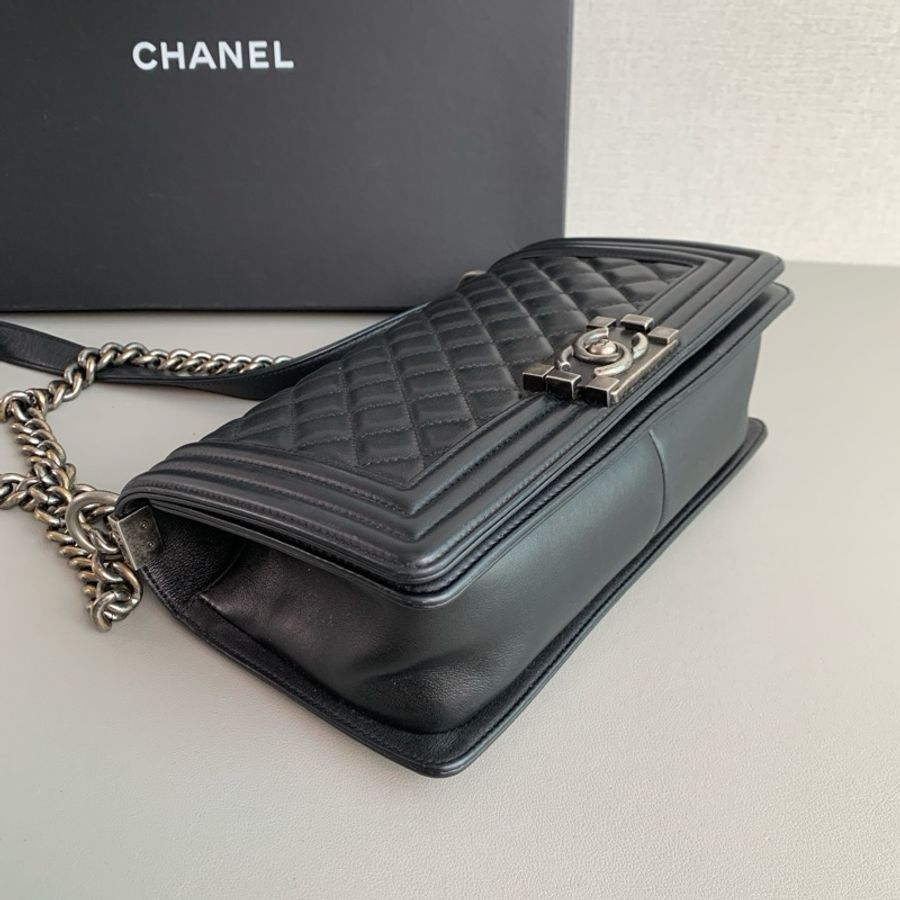 💎Chanel香奈兒|Leboy 黑銀牛皮中號鏈條包|98新25開無卡-5