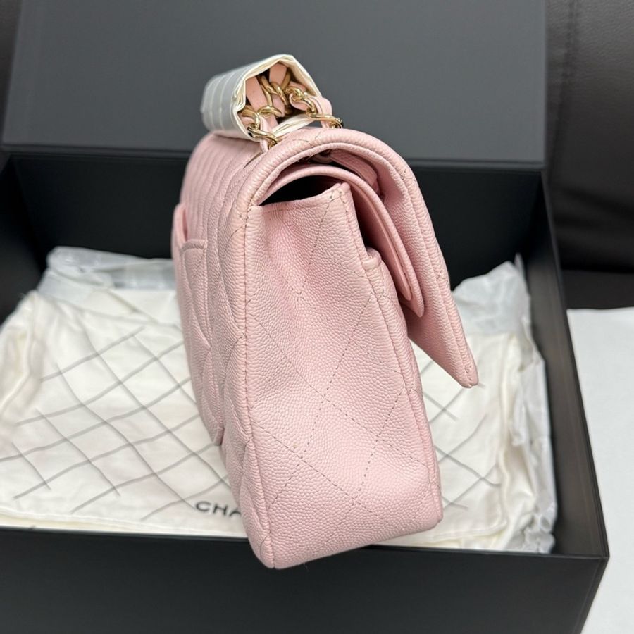 chanel香奈儿 999新 樱花粉金扣荔枝纹牛皮CF中号口盖包单肩斜挎包 芯片款-3