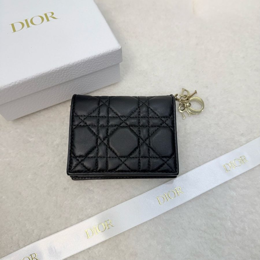 Dior黑色Cannage羊皮黛妃金釦短夾-0