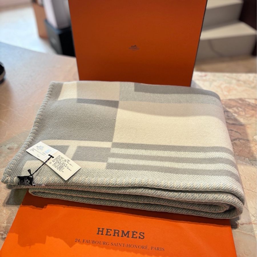 Hermes • Ithaque 緹花織羊毛與喀什米爾混紡毛毯灰色 全新全配🈶盒-4