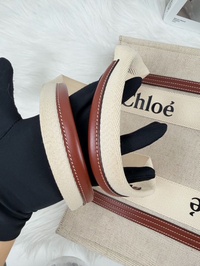 Chloé 克洛伊 Woody中號托特包 米白亞麻帆布/棕色皮革 手提單肩包 尺寸:37-12-26-5
