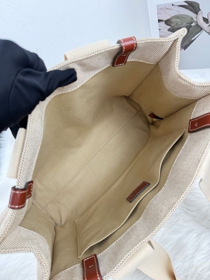 Chloé 克洛伊 Woody中號托特包 米白亞麻帆布/棕色皮革 手提單肩包 尺寸:37-12-26-6