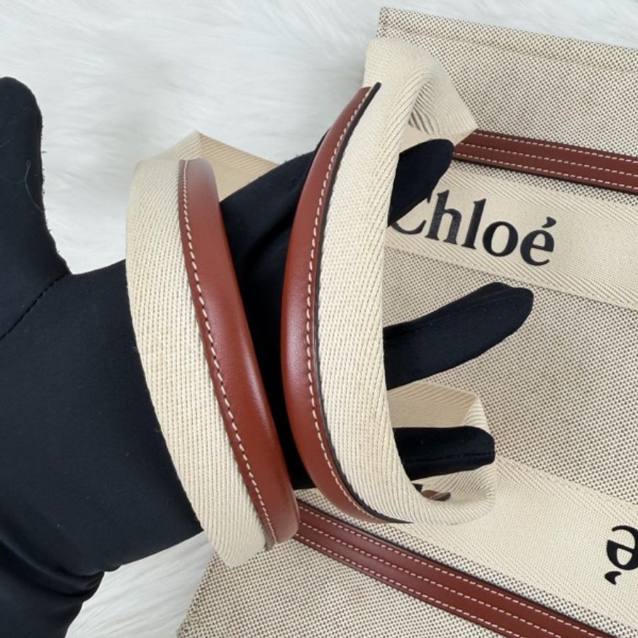Chloé 克洛伊 Woody中號托特包 米白亞麻帆布/棕色皮革 手提單肩包 尺寸:37-12-26-10