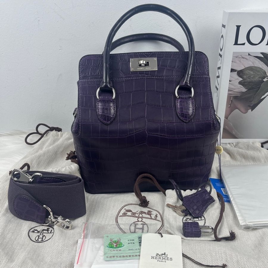 愛馬仕Hermes ToolBox20 牛奶盒子 葡萄紫 銀扣 兩點鰐魚皮 框Q，有鰐魚證 雨衣-0