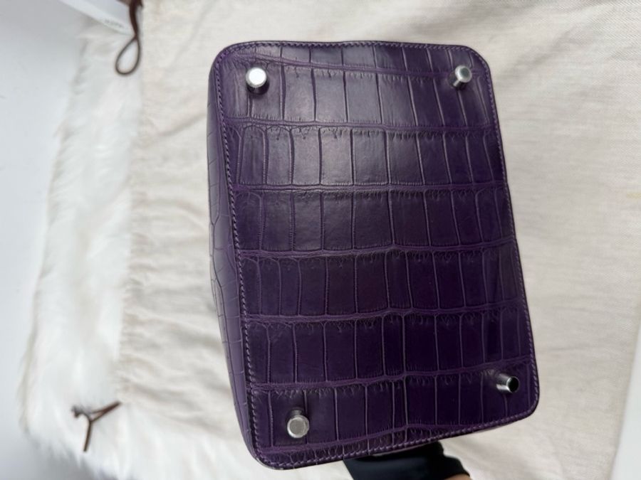 愛馬仕Hermes ToolBox20 牛奶盒子 葡萄紫 銀扣 兩點鰐魚皮 框Q，有鰐魚證 雨衣-5