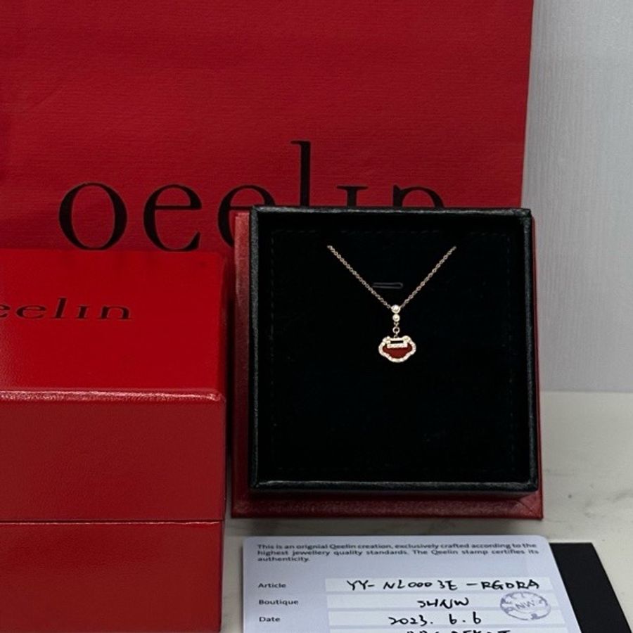 Qeelin 麒麟紅瑪瑙如意鎖項鍊 玫瑰金-4