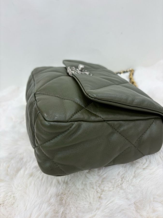 CHANEL香奈兒 22K 19bag小號 卡其色綠色羊皮 翻蓋鏈條單肩-3
