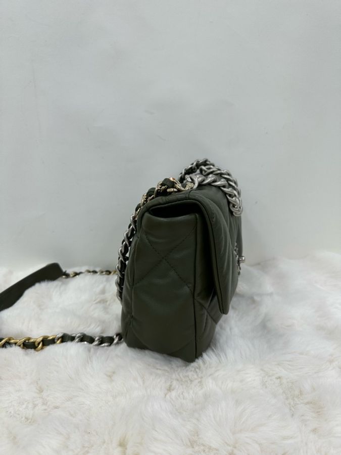 CHANEL香奈兒 22K 19bag小號 卡其色綠色羊皮 翻蓋鏈條單肩-4