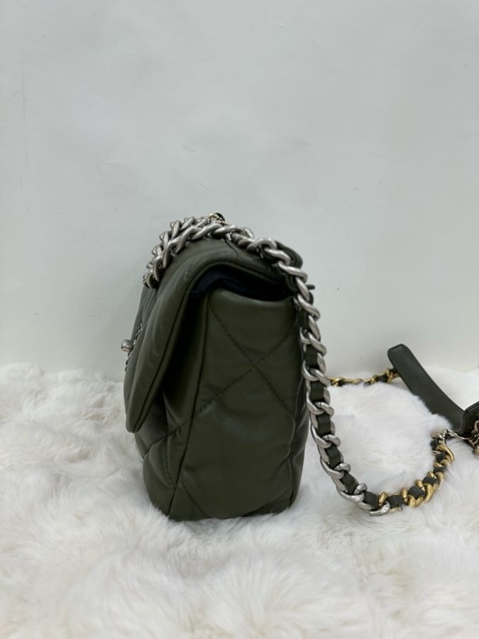 CHANEL香奈兒 22K 19bag小號 卡其色綠色羊皮 翻蓋鏈條單肩-5