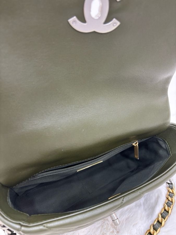 CHANEL香奈兒 22K 19bag小號 卡其色綠色羊皮 翻蓋鏈條單肩-7