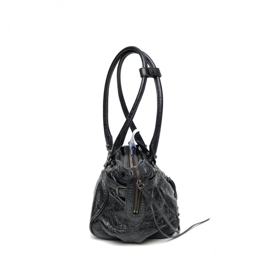 BALENCIAGA 黑色羊皮革黑扣Lecity橫板法棍包機車包肩背包-3