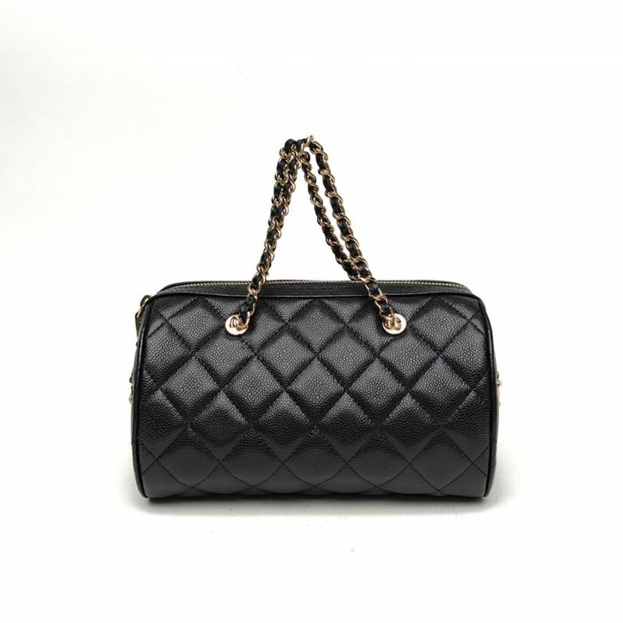 CHANEL 黑色荔枝牛皮金扣25S黑金保齡球鏈條包肩背包-2