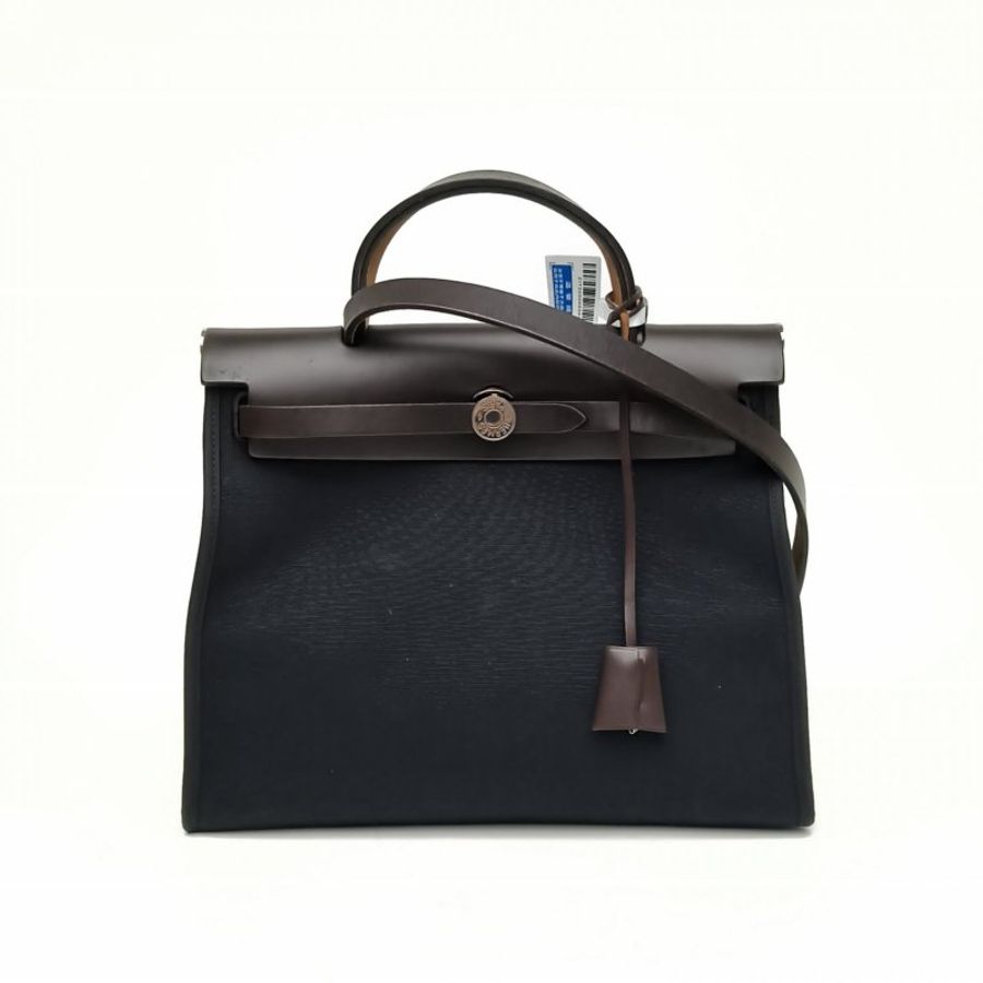 HERMES Herbag31黑色帆布/牛皮T刻銀扣肩背包-0