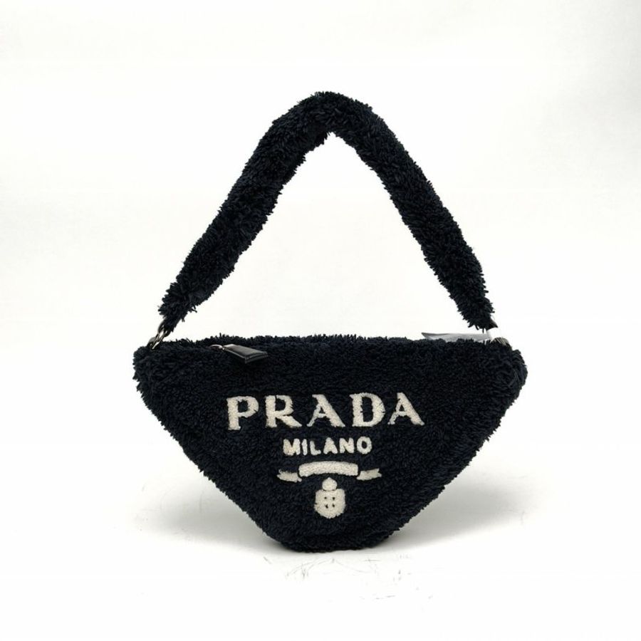 PRADA 黑色毛絨銀扣三角包手提包肩背包-0