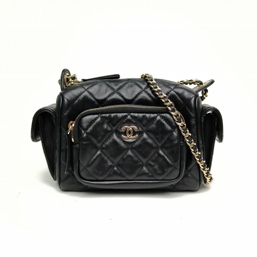CHANEL 黑色羊皮革晶片金扣24K相機包黑金鏈條肩背包-0