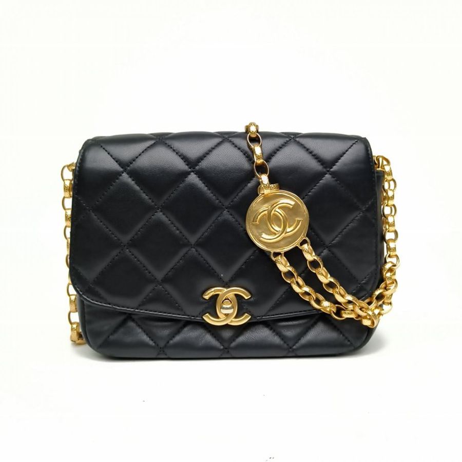 CHANEL 20K口蓋包黑色羊皮革30開金扣金幣鏈條肩背包-0