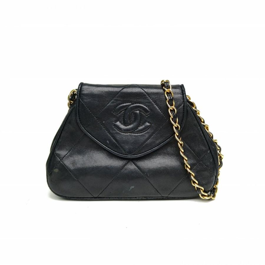 CHANEL 墨藍色羊皮革金扣中古黑金羊飯團斜挎包肩背包-0
